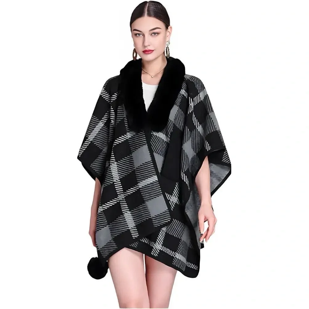 Ladies Tahari Full Zip Collar Dolman Sleeve Poncho Sweater Black Plaid S/M
